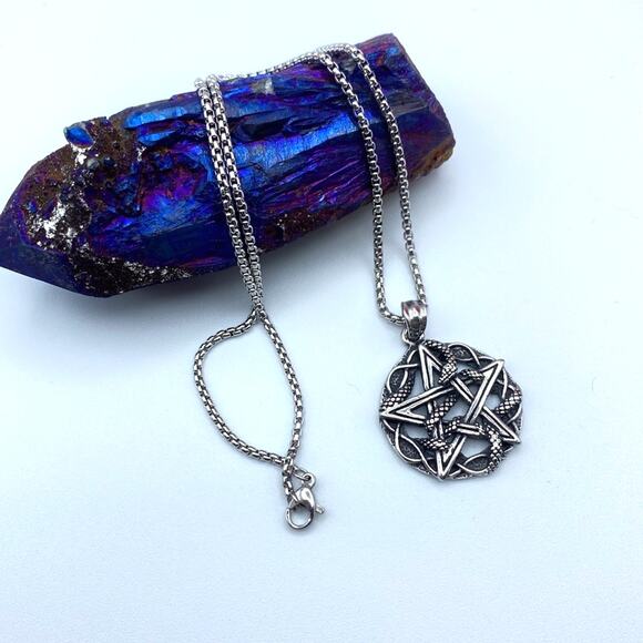 Pentagram Snake Stainless Steel Pendant Necklace Unisex - Picture 2 of 5